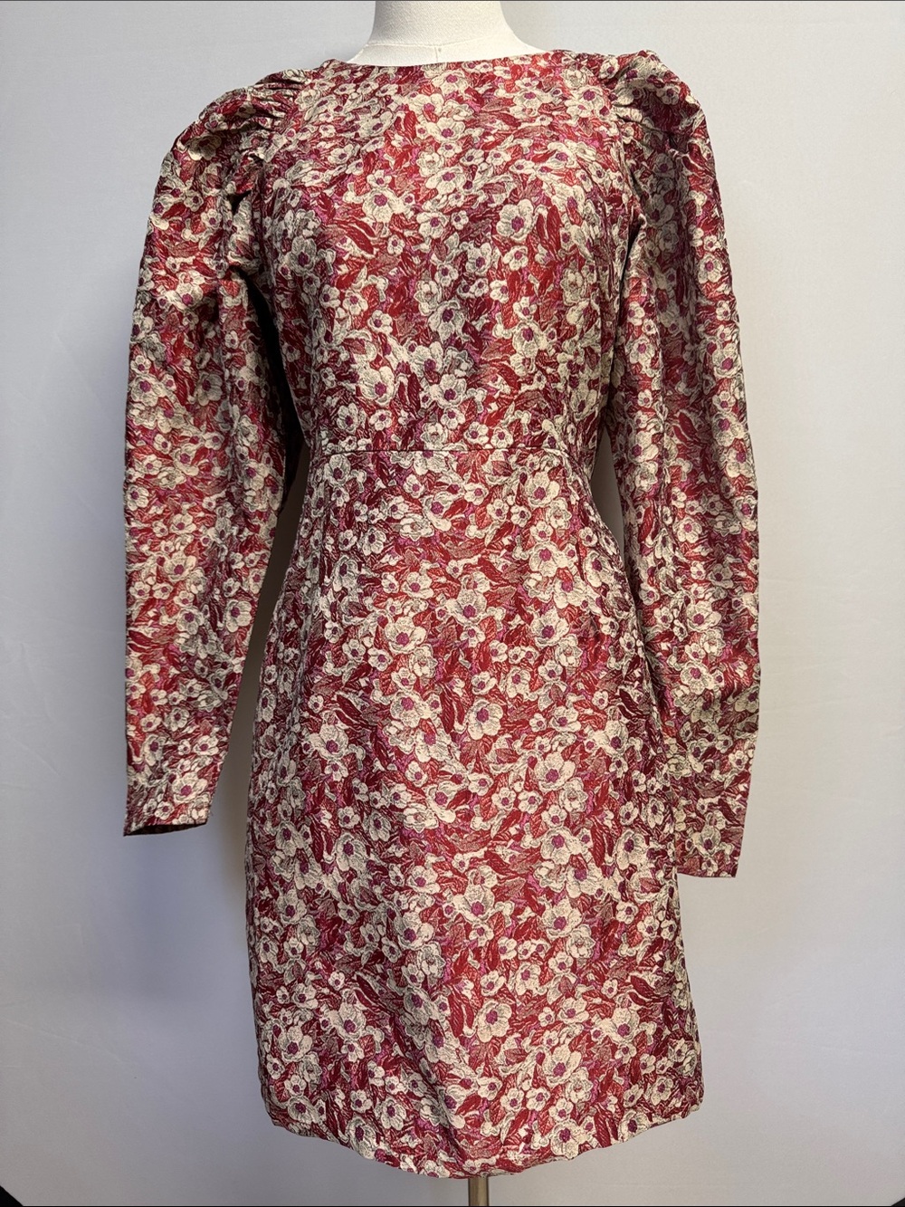 Wild Pony Red Floral Jacquard Puff-Sleeve Dress Size Large